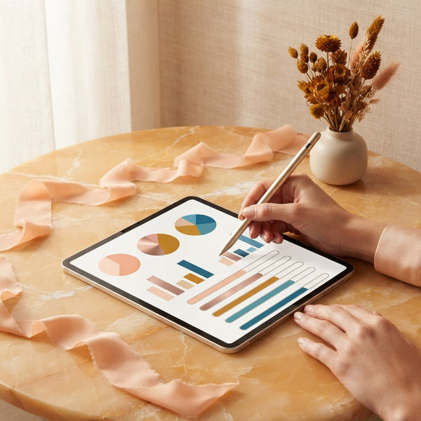 Hands using a stylus on a digital tablet displaying financial charts on a warm amber marble table with silk ribbons and flowe
